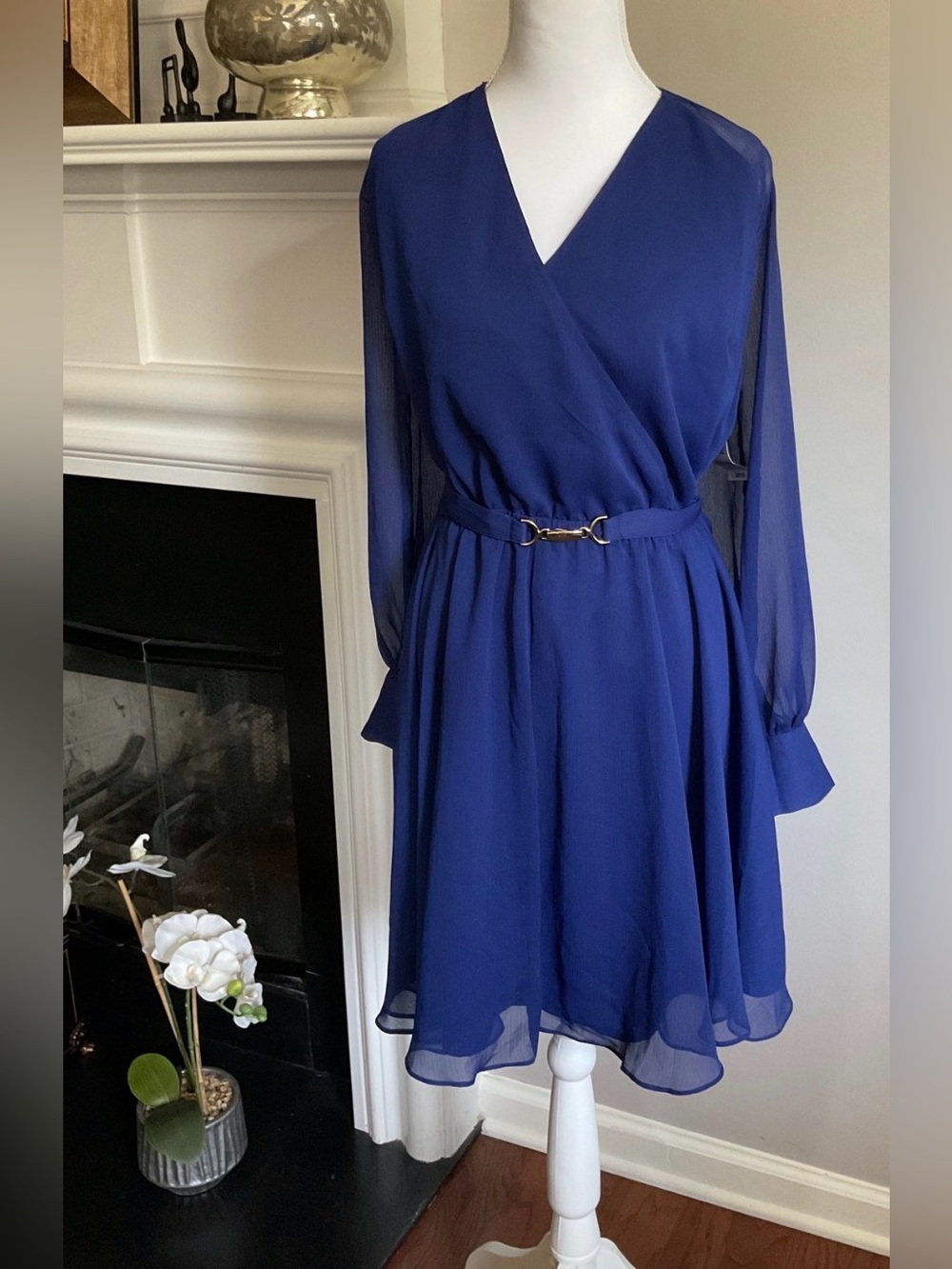INC International Concepts Royal Blue Chiffon V-Neck Long Sleeve Dress